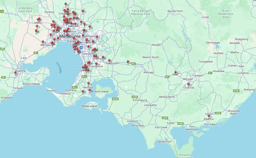 Map of Melbourne with pins showing where we work